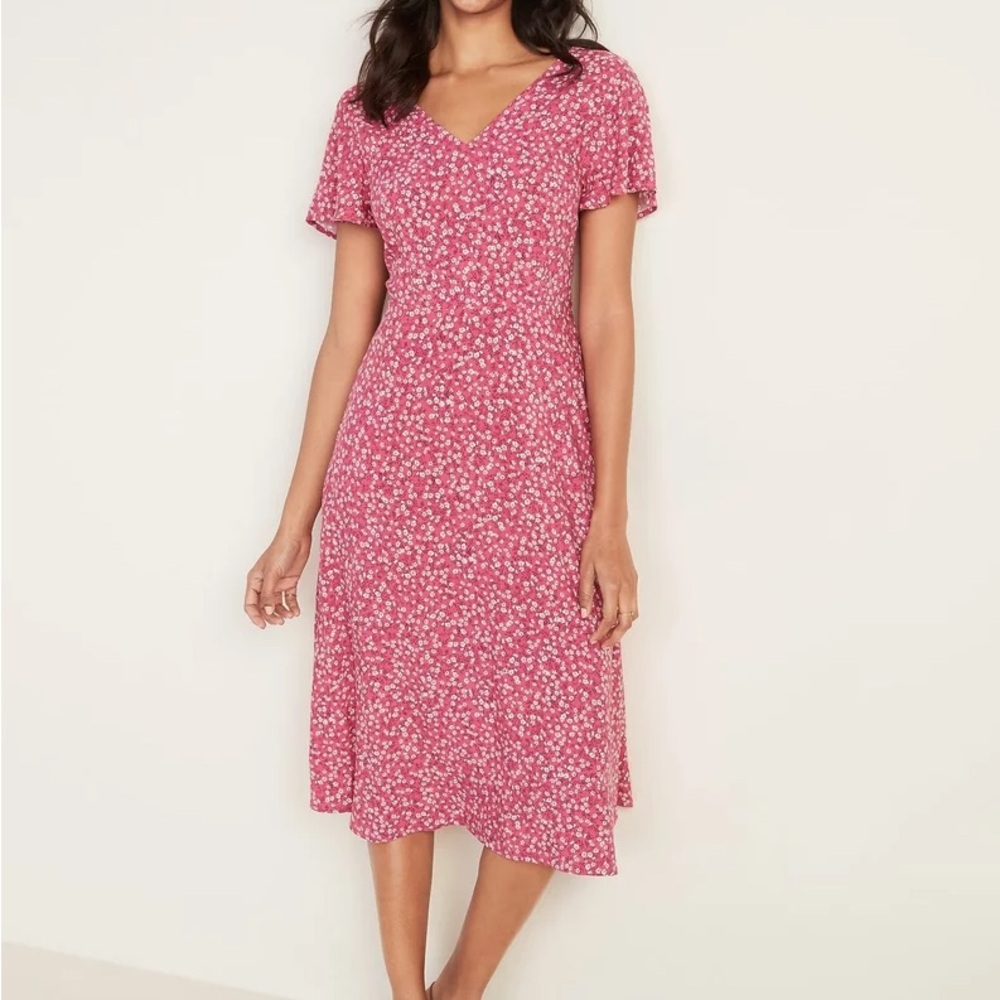 Old Navy Pink Floral V-Neck Midi Dress